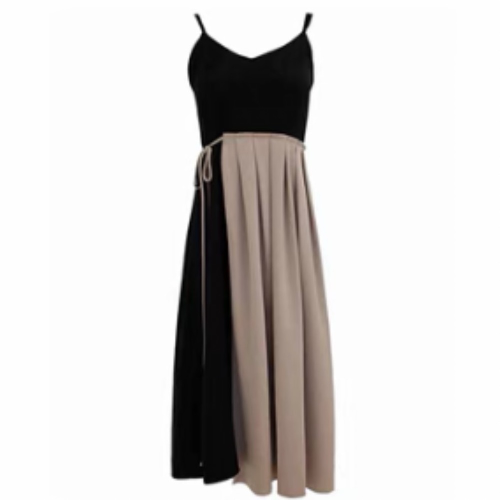 Black/Beige Strap Long Midi Dress Tie Waist Party